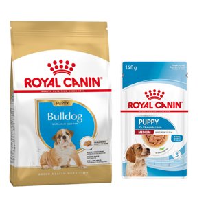 12kg Royal Canin Bulldog Puppy száraz kutyatáp+10x140g Medium nedvestáp ingyen