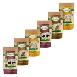 6x150g Lukullus Naturkost Mini Mix Adult tasakos nedves kutyatáp vegyes csomagban: Marha & pulyka / vad & nyúl / szárnyas & bárány