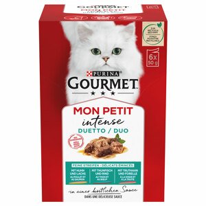 24x50g Gourmet Mon Petit Duetti hús & hal (lazac & csirke) nedves macskatáp 20% árengedménnyel