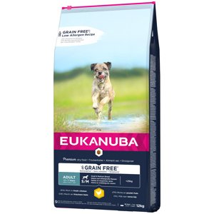 12kg Eukanuba Grain Free Adult Small / Medium Breed csirke száraz kutyatáp 15% árengedménnyel