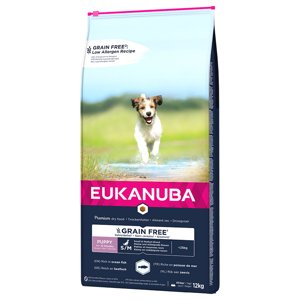12kg Eukanuba Grain Free Puppy Small / Medium Breed lazac száraz kutyatáp 15% árengedménnyel