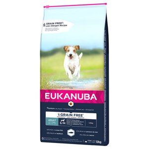 12kg Eukanuba Grain Free Adult Small / Medium Breed lazac száraz kutyatáp 15% árengedménnyel
