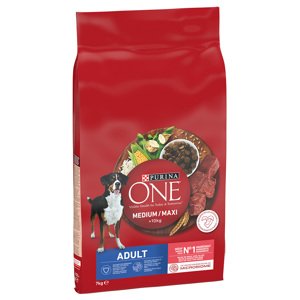 7kg Purina ONE Medium/Maxi Adult marha & rizs száraz kutyatáp 25% árengedménnyel
