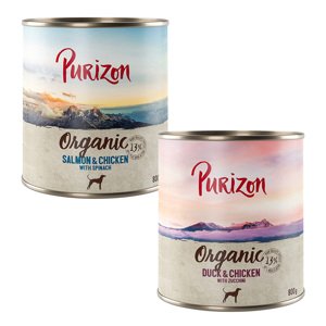 6x800g Purizon Organic  vegyes csomag: 3 x kacsa & csirke, 3 x lazac & csirke nedves kutyatáp 15% árengedménnyel