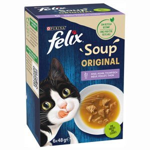 24x48g Felix Soup Vegyes válogatás (marha, csirke, tonhal) jutalomfalat macskáknak 18+6 ingyen!