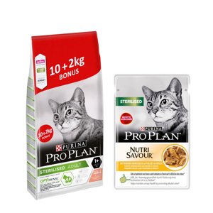 10+2kg Purina Pro Plan Sterilised száraztáp lazac + 6 x 85 g nedvestáp ingyen macskáknak