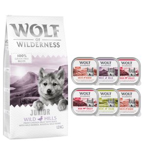 12kg Wolf of Wilderness száraztáp + 6 x 300 g nedvestáp ingyen! száraz kutyatáp- JUNIOR Wild Hills - kacsa