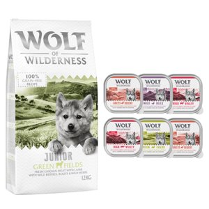 12kg Wolf of Wilderness száraztáp + 6 x 300 g nedvestáp ingyen! száraz kutyatáp- JUNIOR Green Fields - bárány