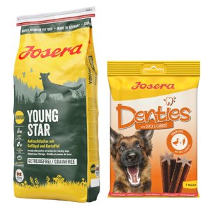 15kg Josera YoungStar gabonamentes száraz kutyatáp+180g Josera Denties kacsa & sárgarépa kutyasnack ingyen
