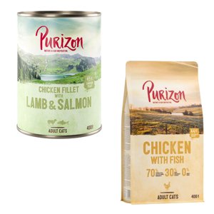 24x400g Purizon Adult nedves macskatáptáp + 400g Purizon száraztáp ingyen- Csirkefilé, lazac & bárány (nedves) +csirke & hal (száraz)