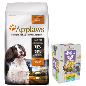 7,5kg Applaws Adult Small & Medium Breed csirke száraz kutyatáp + 6x85g Applaws Taste Toppers szószban táplálékkiegészítő nedveseledel ingyen