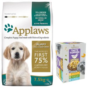 7,5kg Applaws Puppy Small & Medium Breed csirke száraz kutyatáp + 6x85g Applaws Taste Toppers szószban táplálékkiegészítő nedveseledel ingyen