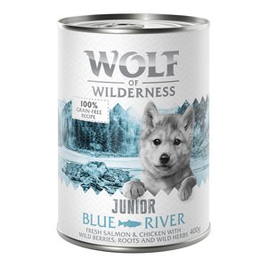 6x400g Wolf of Wilderness JUNIOR Blue River csirke & lazacnedves kutyatáp 5+1 ingyen akcióban