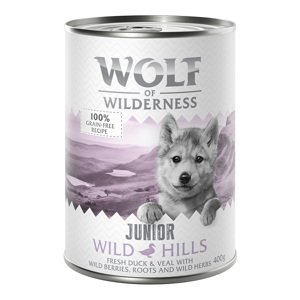 6x400g Wolf of Wilderness JUNIOR Wild Hills kacsa & borjú nedves kutyatáp 5+1 ingyen akcióban