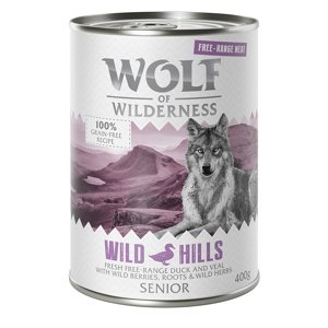 6x400g Wolf of Wilderness Free-Range Meat Senior Wild Hills szabad tartású kacsa &  szabad tartású borjú nedves kutyatáp 5+1 ingyen akcióban