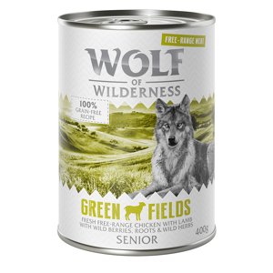 6x400g Wolf of Wilderness Free-Range Meat Senior Green Fields -  szabad tartású bárány &  szabad tartású csirke nedves kutyatáp 5+1 ingyen akcióban