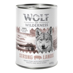 6x400g Wolf of Wilderness Adult Strong Lands sertés nedves kutyatáp 5+1 ingyen akcióban