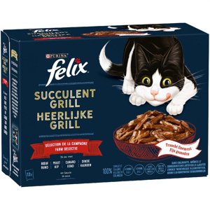 12x80g Felix "Tasty Shreds Succulent Grill" tasakos nedves macskatáp 20% árengedménnyel- Farm Selection - szárazföldi ízek (marha, csirke, kacsa, pulyka)