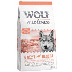 2x12kg gabonamentes Wolf of Wilderness rendkívüli kedvezménnyel! száraz kutyatáp- Great Desert - pulyka