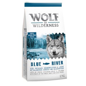 2x12kg gabonamentes Wolf of Wilderness rendkívüli kedvezménnyel! száraz kutyatáp- Blue River - lazac