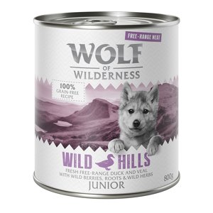 24x800g Wolf of Wilderness rendkívüli kedvezménnyel nedves kutyatáp- Junior Wild Hills - Szabadtartású kacsa & Szabadtartású borjú