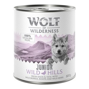 24x800g Wolf of Wilderness rendkívüli kedvezménnyel nedves kutyatáp- Junior Wild Hills - Kacsa & borjú