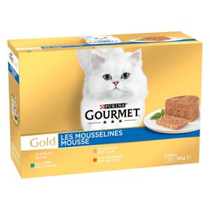 48x85g Gourmet Gold Paté hús & hal mix (nyúl, csirke, lazac, vese) nedves macskatáp 36+12 ingyen akcióban