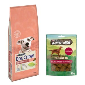 14kg PURINA Dog Chow Adult Sensitive lazac  száraz kutyatáp+90g Adventuros kutyasnack ingyen