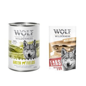 24x400 g Wolf of Wilderness Adult nedves kutyatáp + 200g "Meadow Grounds" szőrös nyúlfül  kutyasnack - Green Fields - bárány