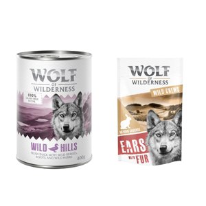 24x400 g Wolf of Wilderness Adult nedves kutyatáp + 200g "Meadow Grounds" szőrös nyúlfül  kutyasnack - Wild hills - kacsa