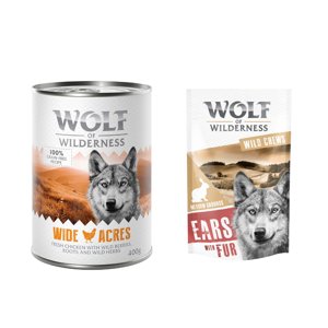 24x400 g Wolf of Wilderness Adult nedves kutyatáp + 200g "Meadow Grounds" szőrös nyúlfül  kutyasnack - Wide Acres csirke