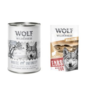 24x400 g Wolf of Wilderness Adult nedves kutyatáp + 200g "Meadow Grounds" szőrös nyúlfül  kutyasnack - White Infinity ló