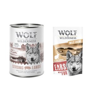 24x400 g Wolf of Wilderness Adult nedves kutyatáp + 200g "Meadow Grounds" szőrös nyúlfül  kutyasnack - Strong Lands sertés