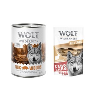 24x400 g Wolf of Wilderness Adult nedves kutyatáp + 200g "Meadow Grounds" szőrös nyúlfül  kutyasnack - Oak Woods - vaddisznó