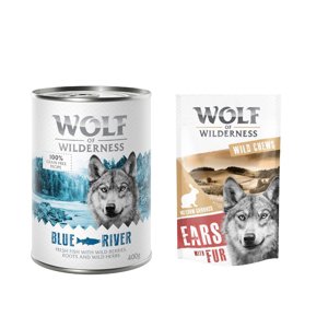 24x400 g Wolf of Wilderness Adult nedves kutyatáp + 200g "Meadow Grounds" szőrös nyúlfül  kutyasnack - Blue River hal