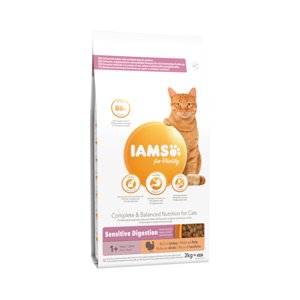 3kg IAMS for Vitality Sensitive Digestion Adult & Senior pulyka száraz macskatáp 10% kedvezménnyel