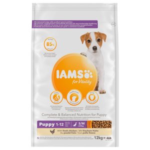 12kg IAMS for Vitality Puppy & Junior Small / Medium csirke száraz kutyatáp 10% árengedménnyel