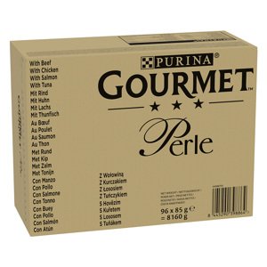 96x85g Gourmet Perle Marha, csirke, lazac és tonhal szószban nedves macskatáp 86+10 ingyen akcióban