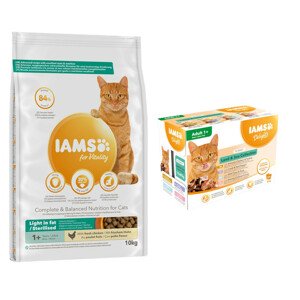 2x10kg IAMS for Vitality Sterilised zsírszegény receptúra száraz macskatáp+12x85g IAMS Delights Adult szárazföld & tenger mix szószban nedves macskatáp ingyen