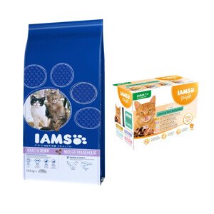 2x15kg IAMS for Vitality Adult Multi-Cat Household száraz macskatáp+12x85g IAMS Delights Adult szárazföld & tenger mix szószban nedves macskatáp ingyen