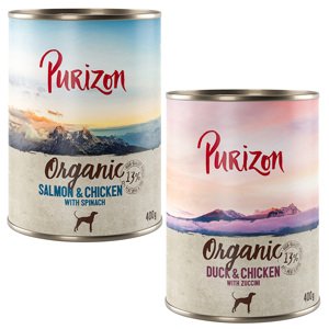 6x400g Purizon Organic Vegyes csomag: 3 x kacsa & csirke, 3 x lazac & csirke nedves kutyatáp15% árengedménnyel