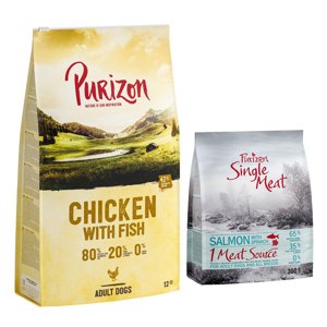 12kg Purizon Adult csirke & hal gabonamentes száraz kutyatáp+300g Purizon Single Meat Adult lazac & spenót száraz kutyatáp ingyen