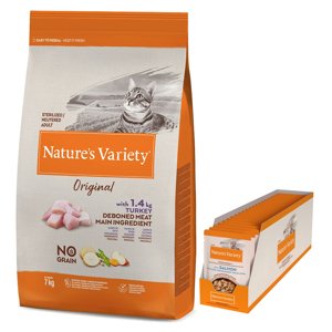 7kg Nature's Variety Original No Grain Sterlised pulyka száraz- & 22x85g Nature's Variety Bites lazac szószban nedves macskatáp 15% árengedménnyel