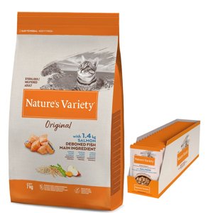 7kg Nature's Variety Original Sterilised lazac száraz- & 22x85g Nature's Variety Bites lazac szószban nedves macskatáp 15% árengedménnyel