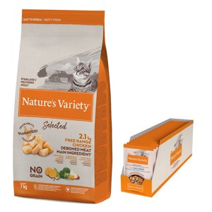 7kg Nature's Variety Selected Sterilised csirke száraz- & 22x85g Nature's Variety Bites lazac szószban nedves macskatáp 15% árengedménnyel