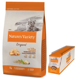 7kg Nature's Variety Original csirke száraz- & 22x85g Nature's Variety Bites lazac szószban nedves macskatáp 15% árengedménnyel