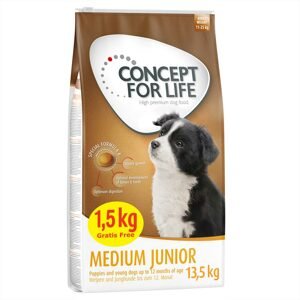 13,5 kg Concept for Life  Medium Junior száraz kuytatáp 12+1,5 kg ingyen akcióban
