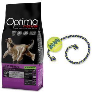 12kg Optimanova Adult Medium Adult csirke & rizs száraz kutyatáp+KONG SqueakAir Ball kötéllel kutyajáték ingyen