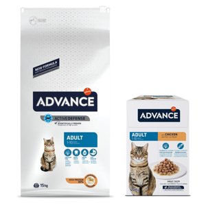 15kg Advance Adult csirke & rizs száraz macskatáp+12x85g Advance Adult csirke nedves macskaeledel ingyen