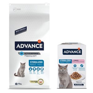 15kg Advance Sterilized pulyka száraz macskatáp+12x85g Advance Sterilized pulyka nedves macskaeledel ingyen